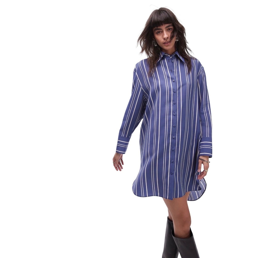 $75 NWT Topshop Blue Striped Mini Shirt Dress Oversized Sz US 4-6 Preppy‎ Office